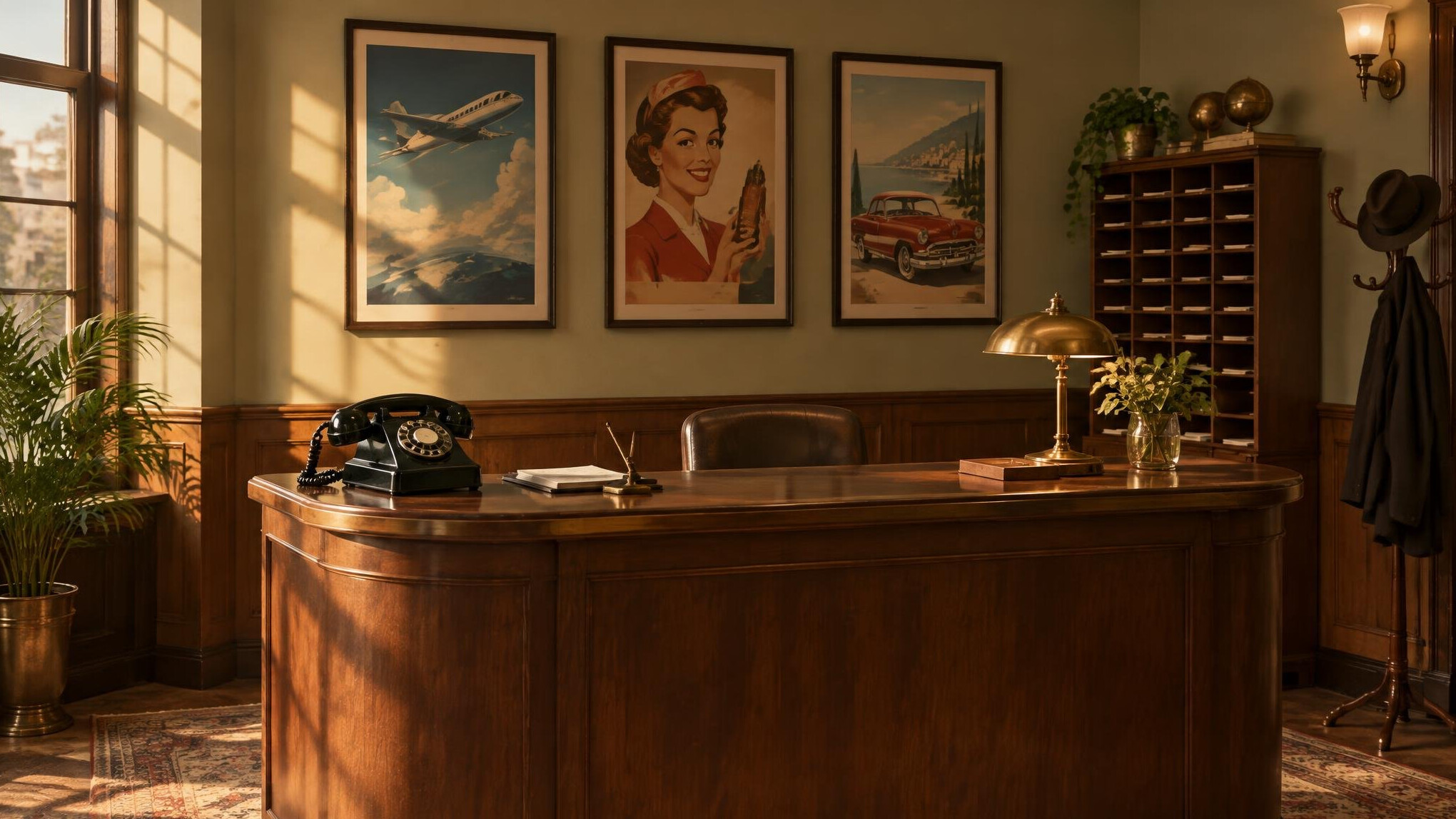 Vintage-style reception desk with a rotary phone and framed posters