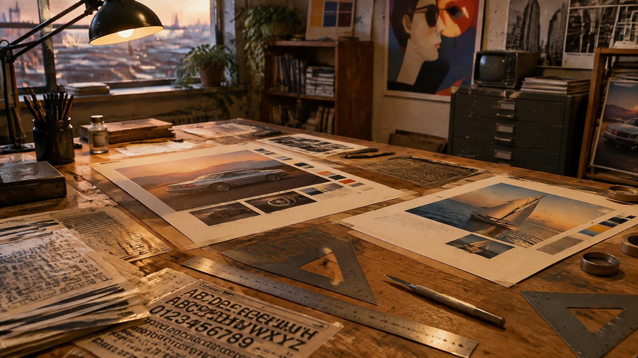 Vintage advertising studio paste-up table with layout boards and rulers