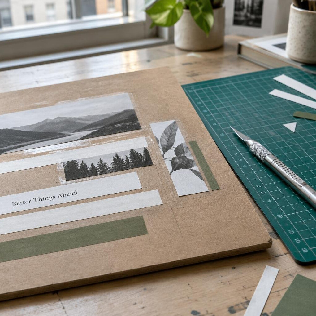 Paste-up layout board with scalpel and cutting mat