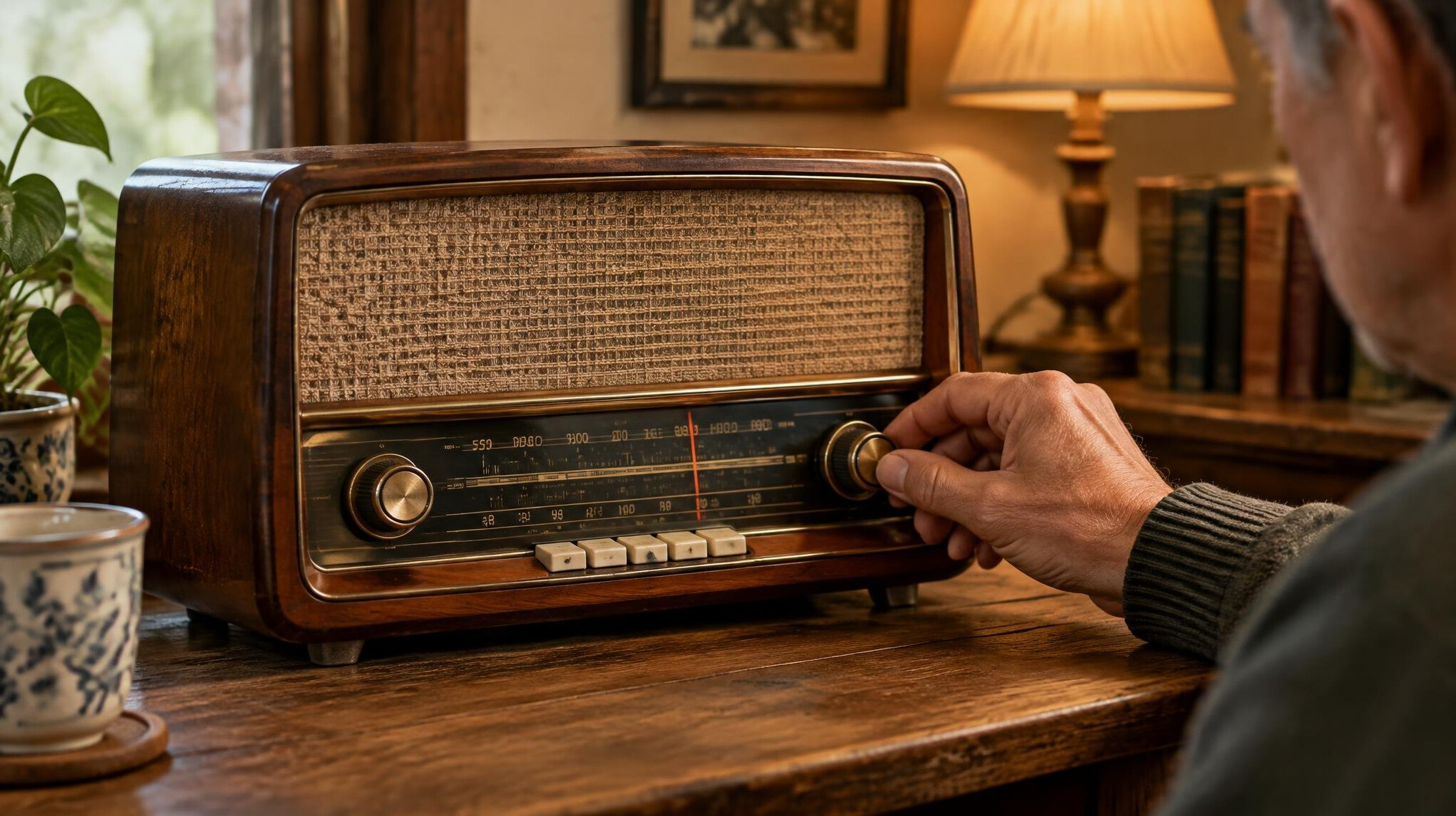 vintage radio on wooden table