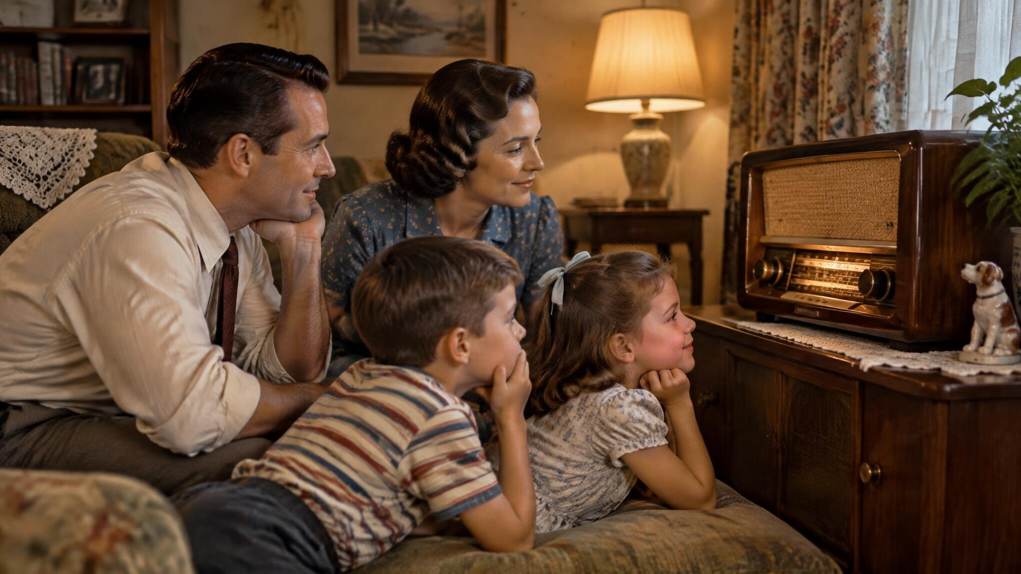 family listening to old radio