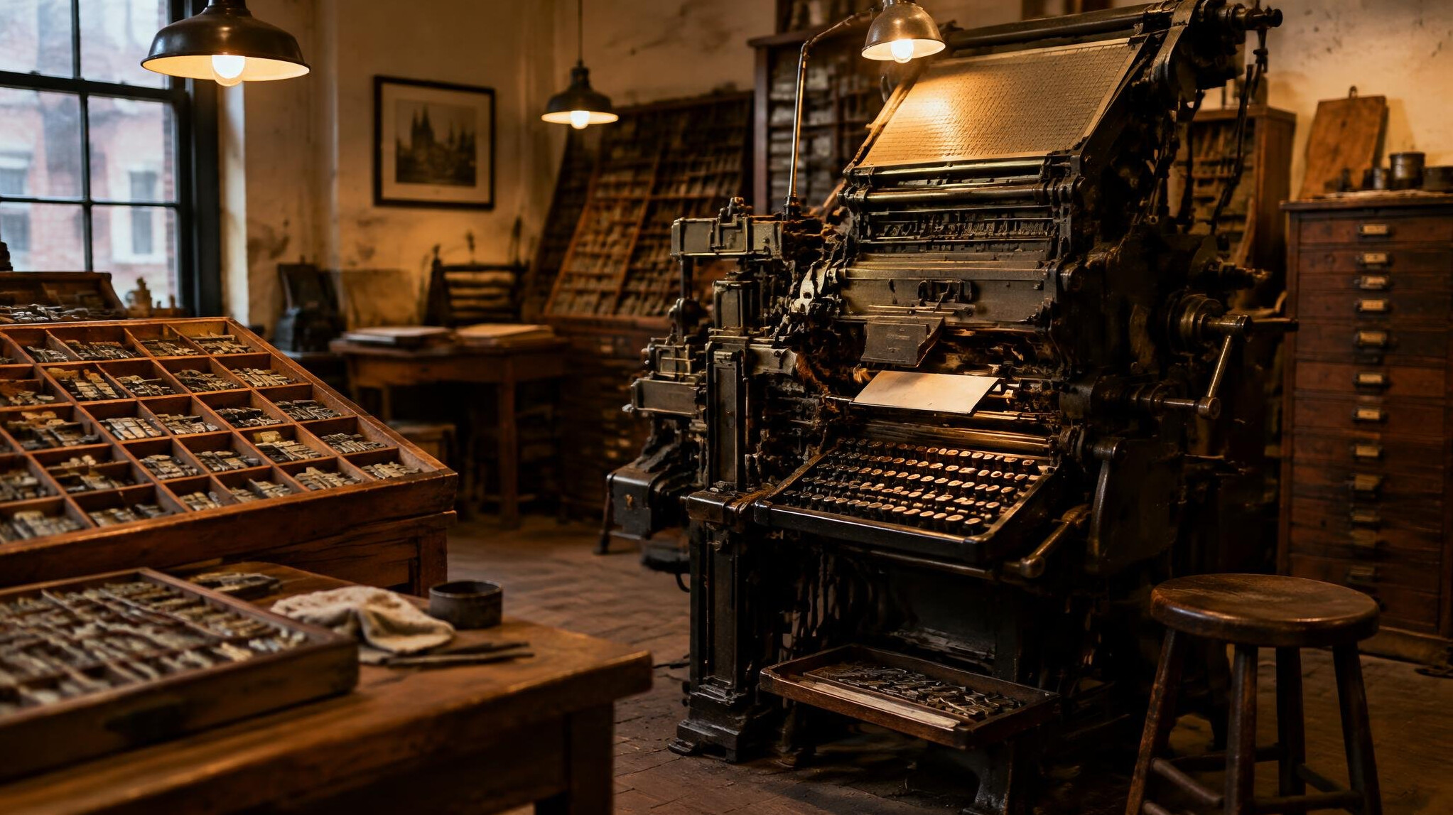Retro print shop with a typesetting machine