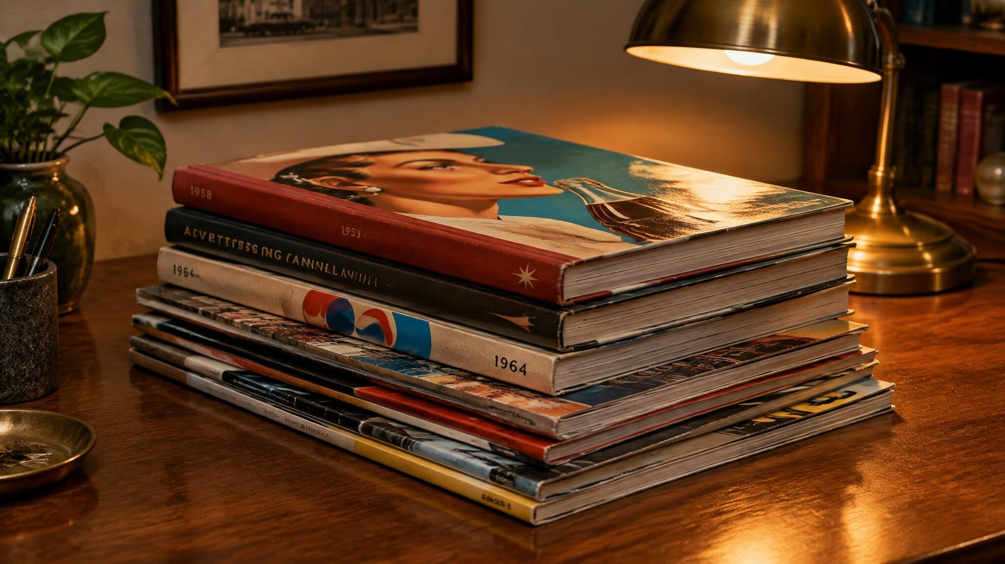 Stack of vintage advertising annuals and magazines on a wooden table