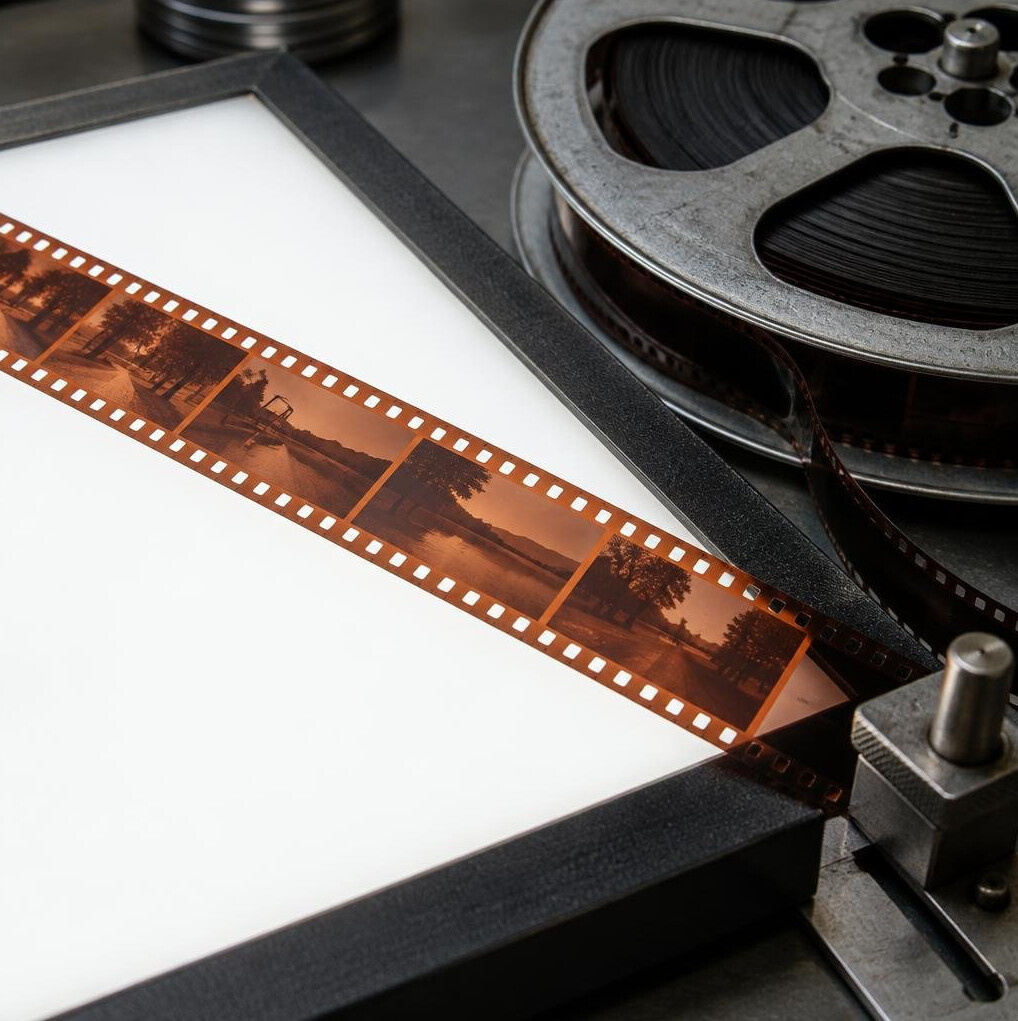35mm film strip and editing reel on a lightbox