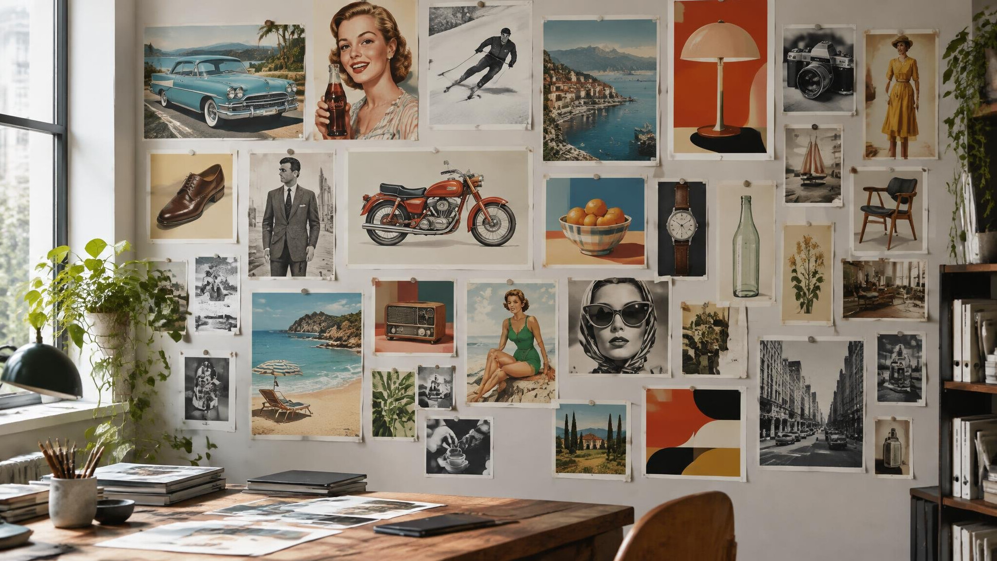 Design studio wall covered with pinned vintage advertisement prints