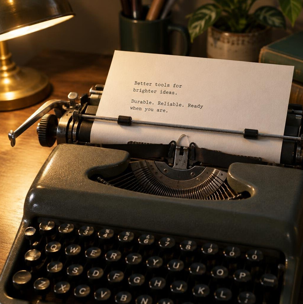 Close-up of a vintage typewriter with an advertising copy sheet