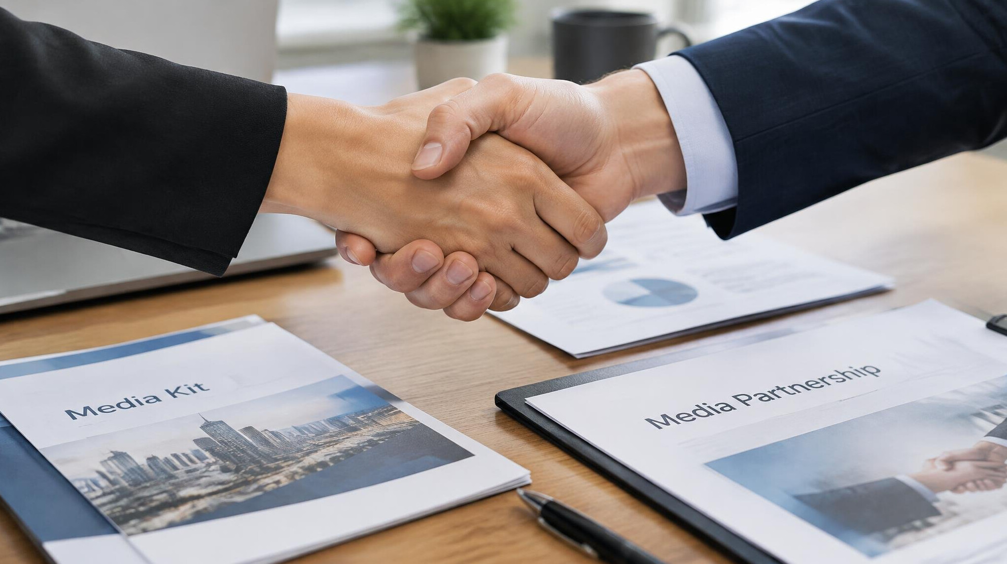 Close-up handshake over media partnership documents