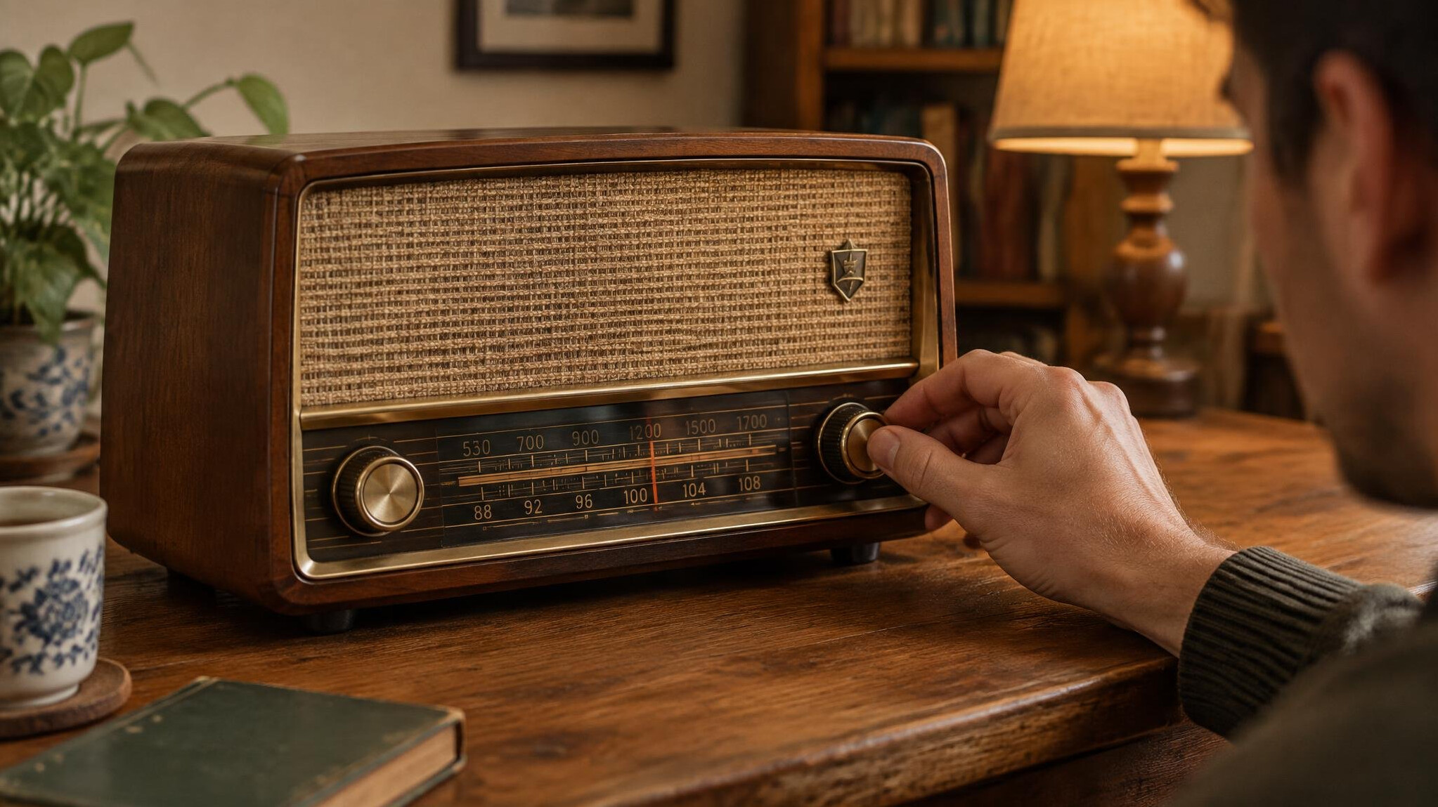 vintage radio on wooden table