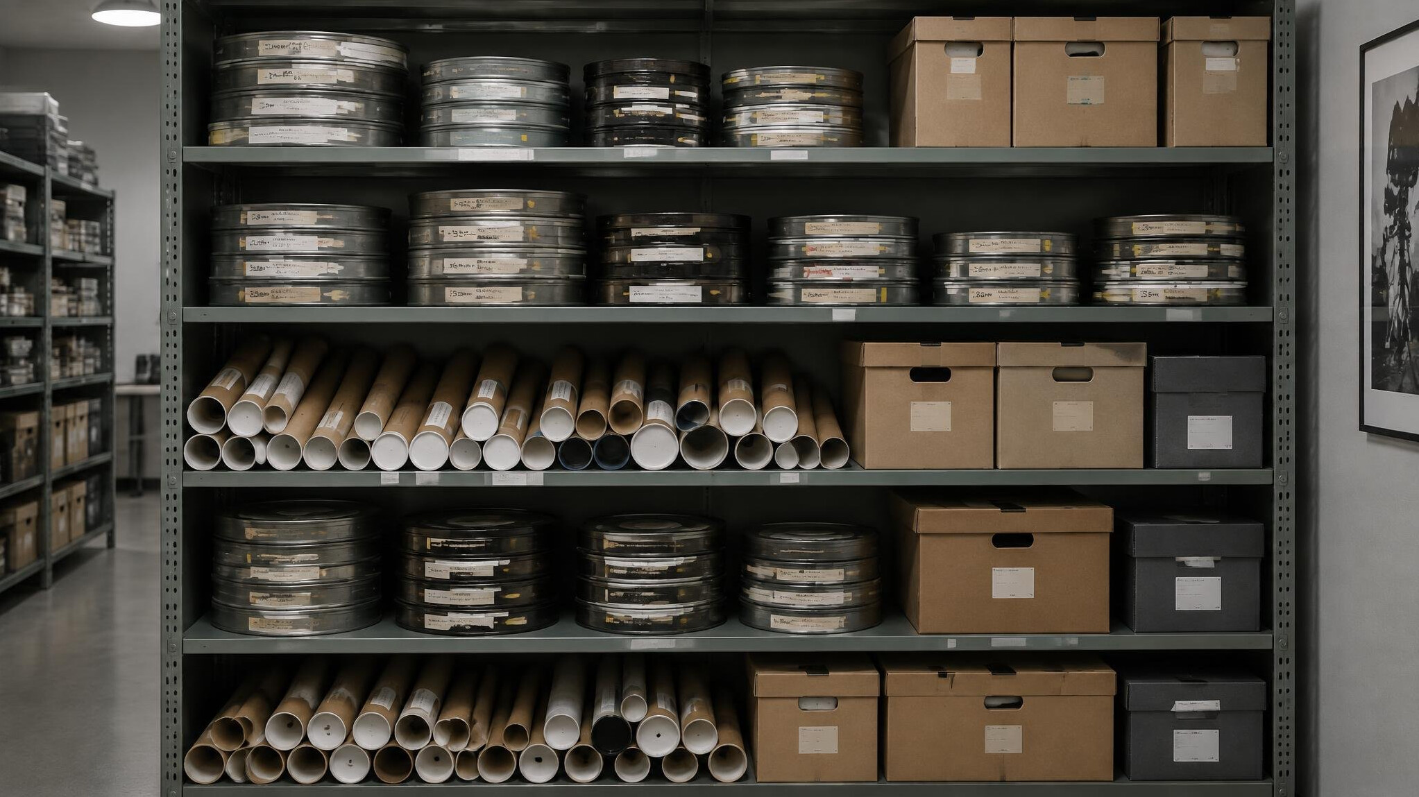 Archive shelf with labelled film reel canisters and poster tubes