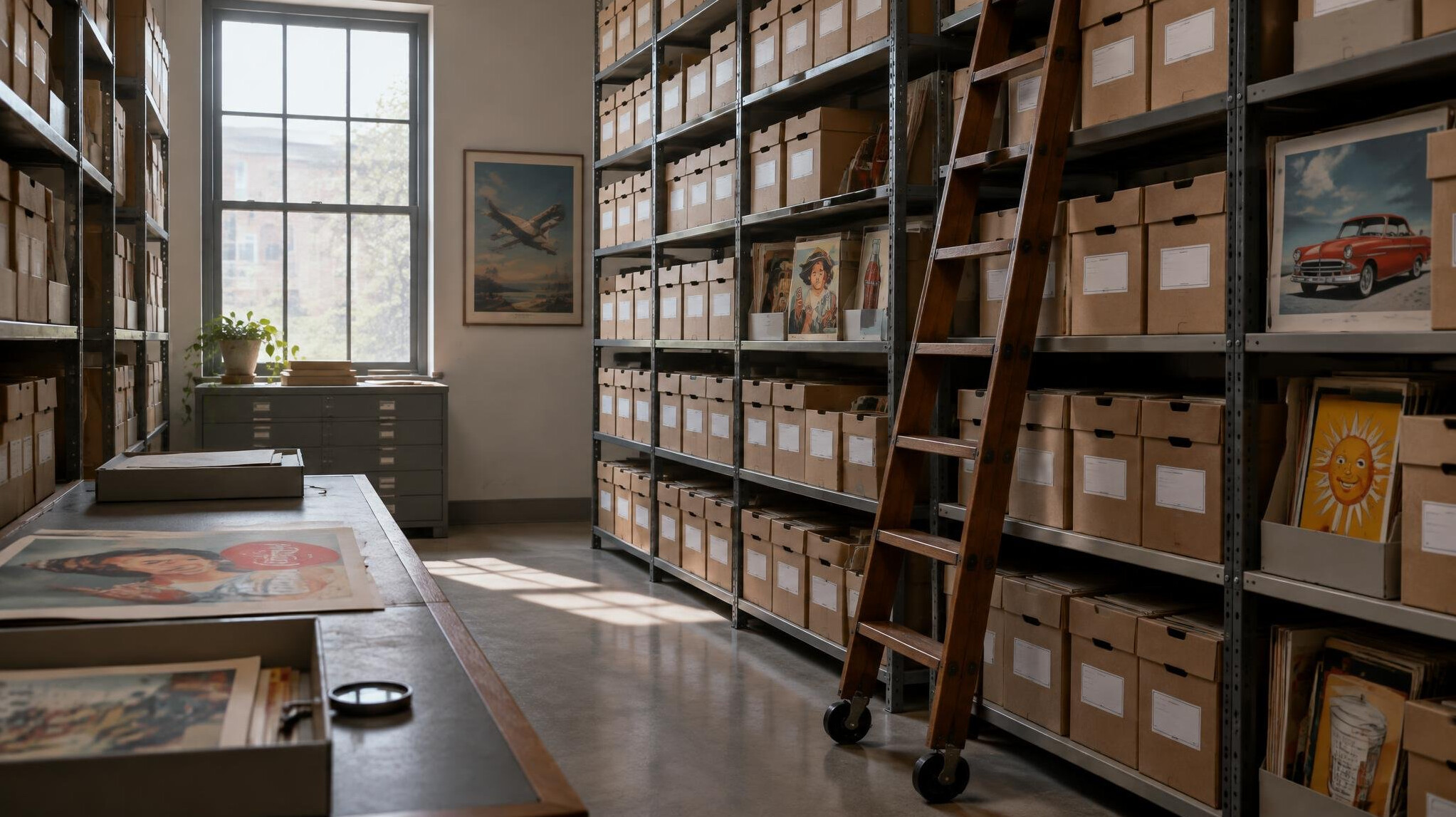 Archive room with labelled boxes of vintage campaign materials