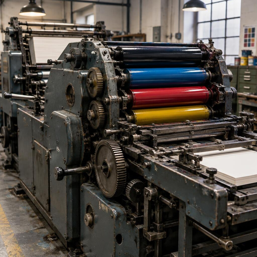 Vintage offset printing press with ink rollers