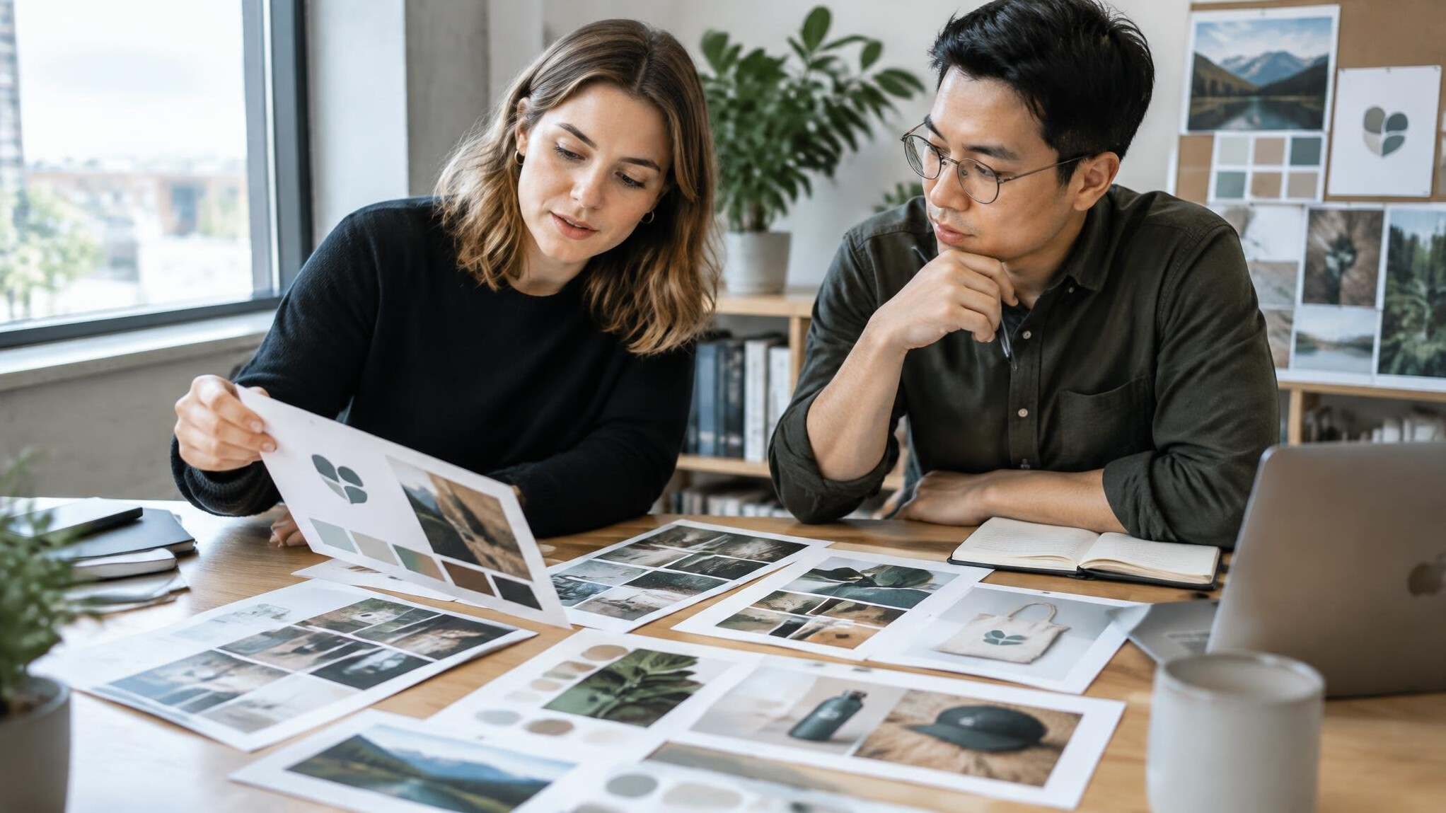 Meeting room with branding mockups and moodboards on a table
