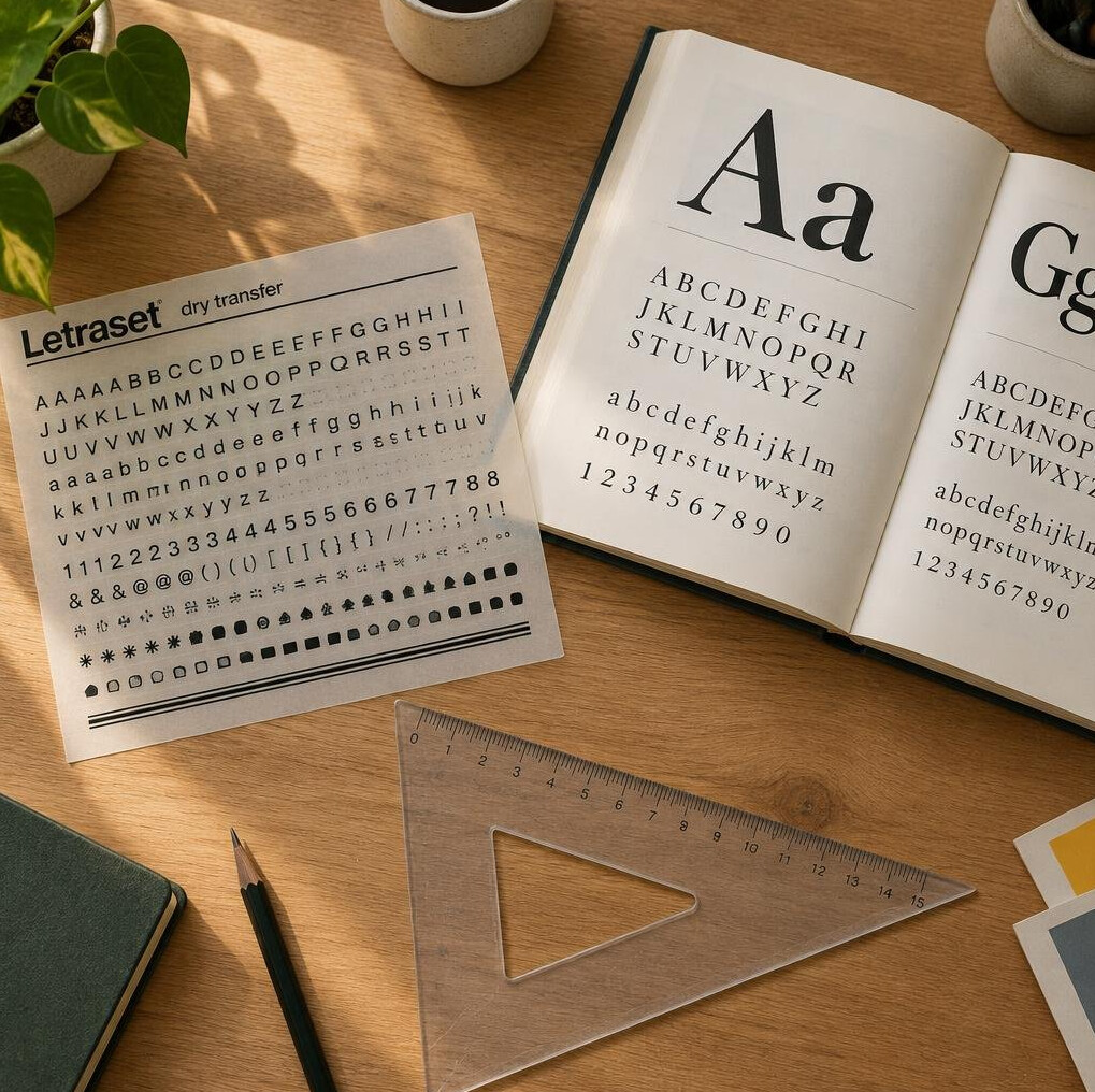 Designer desk with Letraset sheet and typeface specimen book