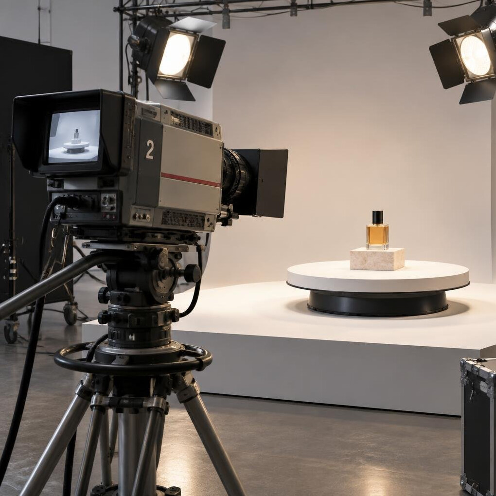 Old studio television camera filming a product set