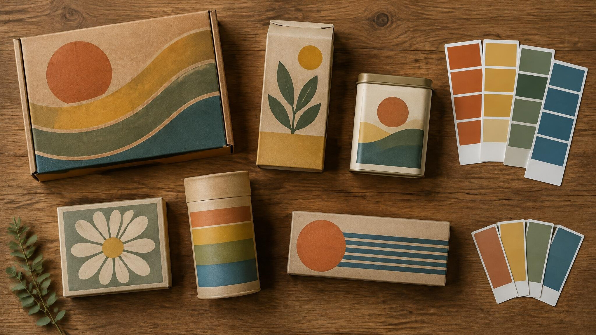 Flat lay of retro product packaging mockups and colour chips